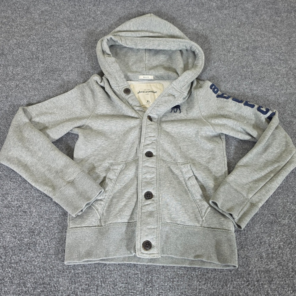 Abercrombie Kids Boys XL Gray Muscle Button Front Hoodie Sweatshirt Logo Sleeve